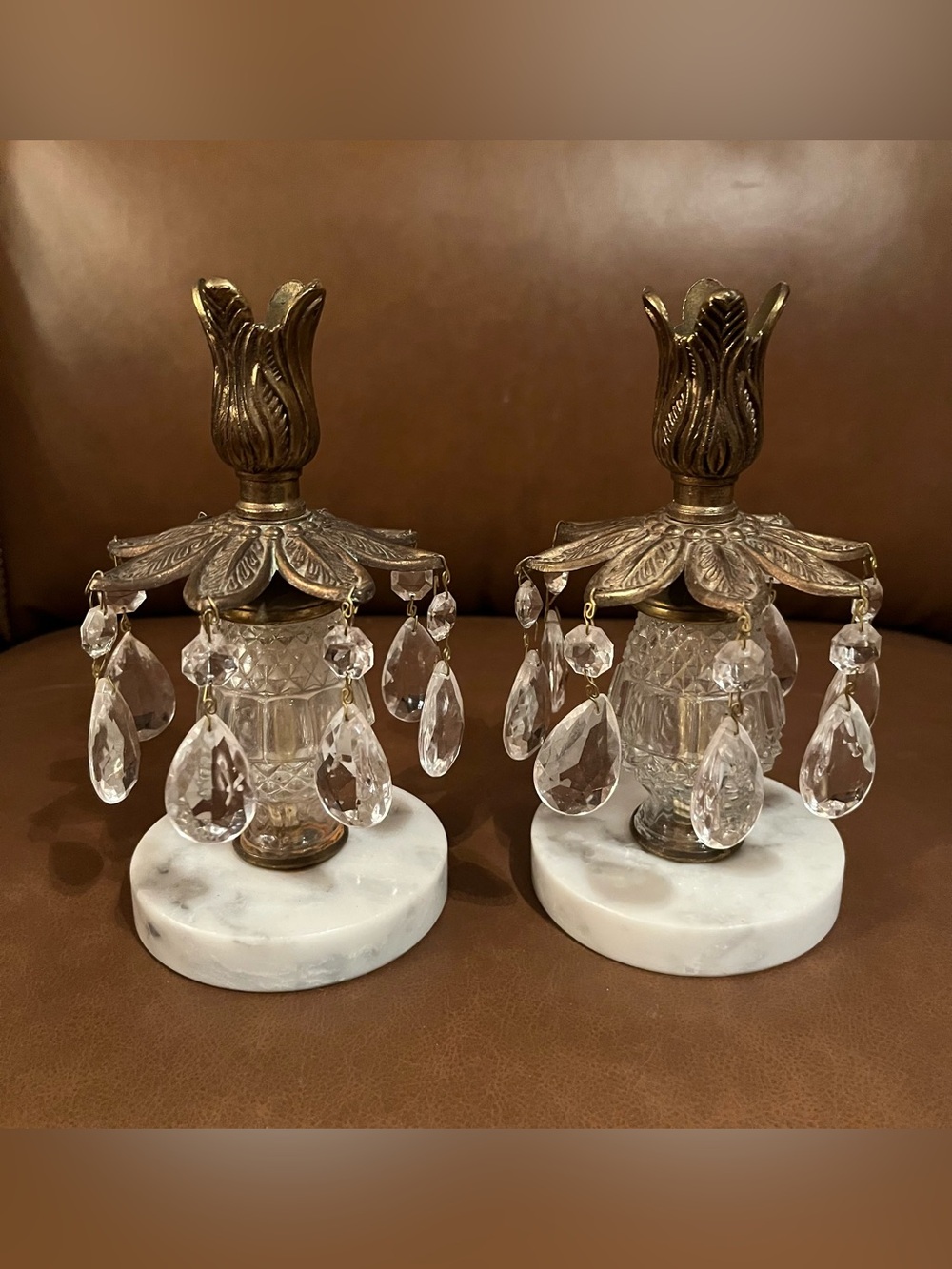 Vtg Hollywood Regency Brass & Crystal Candlestick Holders w/ Italian Marble Base